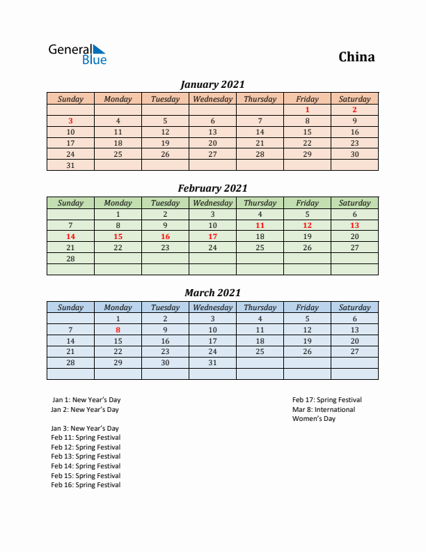 Q1 2021 Holiday Calendar - China