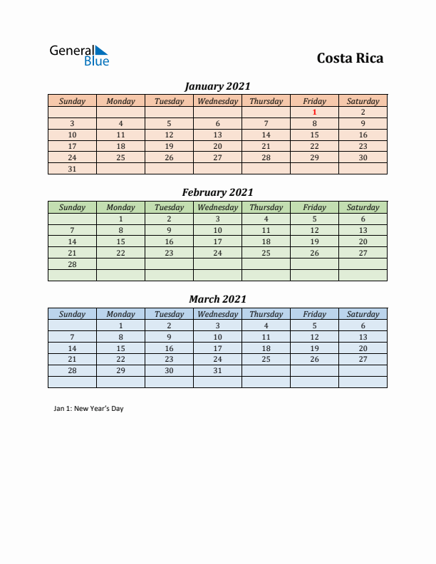 Q1 2021 Holiday Calendar - Costa Rica