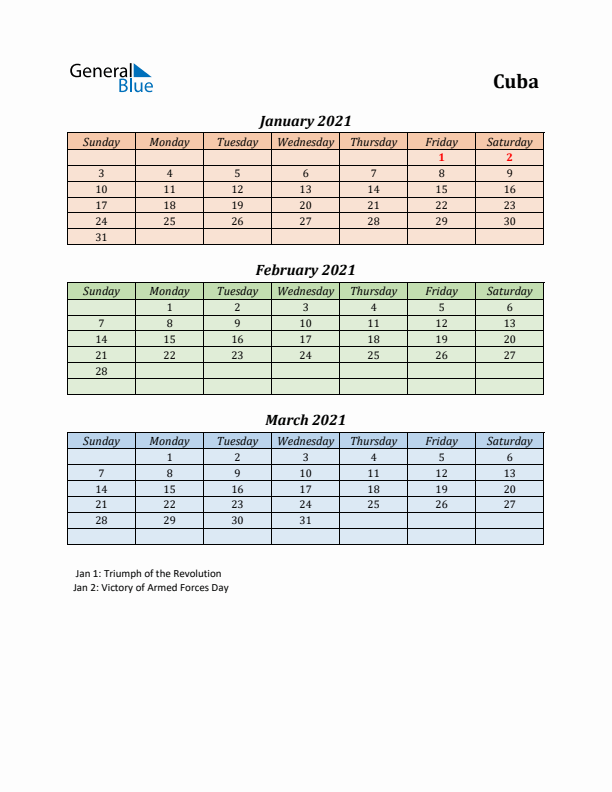 Q1 2021 Holiday Calendar - Cuba