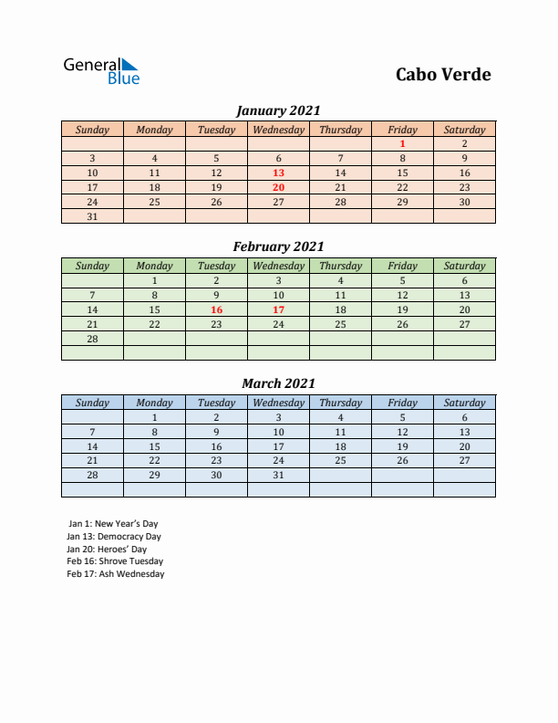 Q1 2021 Holiday Calendar - Cabo Verde