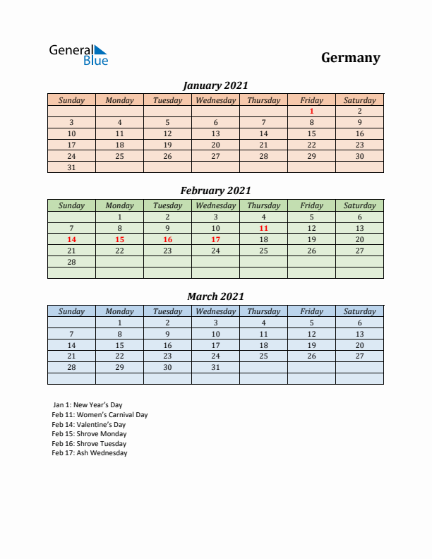 Q1 2021 Holiday Calendar - Germany