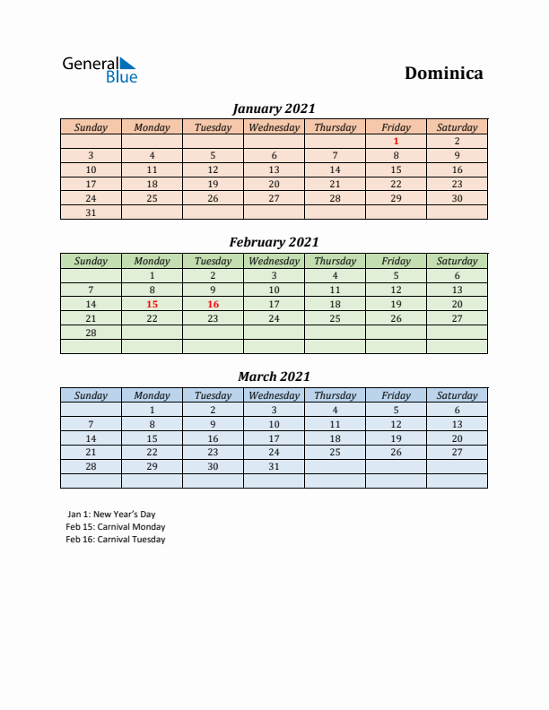 Q1 2021 Holiday Calendar - Dominica