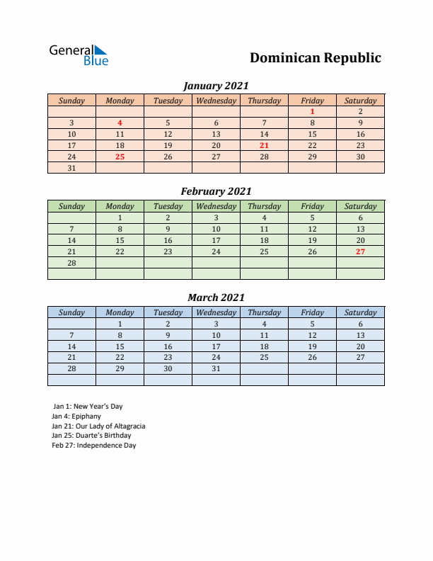 Q1 2021 Holiday Calendar - Dominican Republic