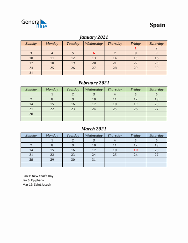 Q1 2021 Holiday Calendar - Spain