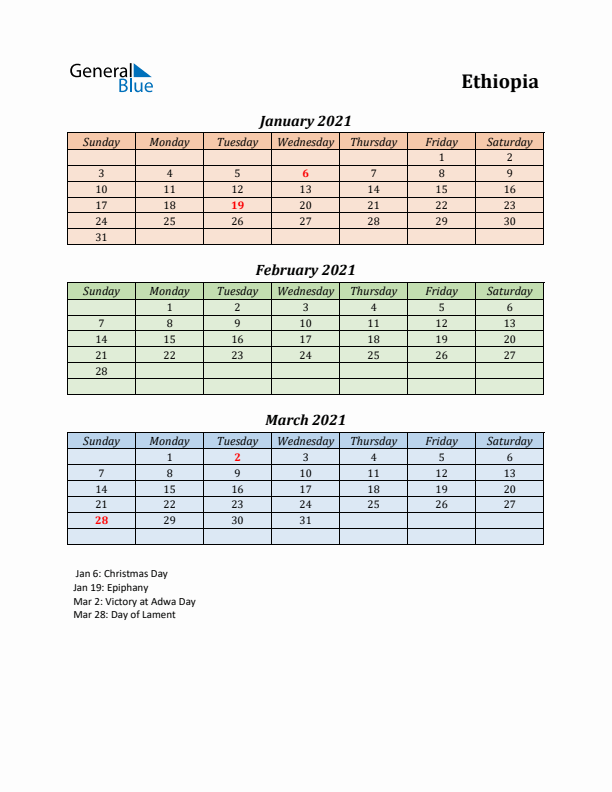 Q1 2021 Holiday Calendar - Ethiopia