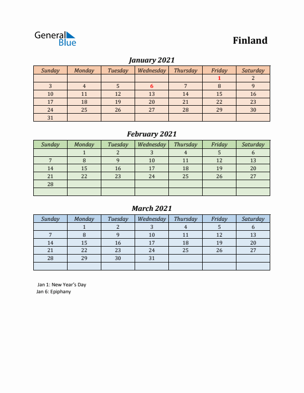 Q1 2021 Holiday Calendar - Finland