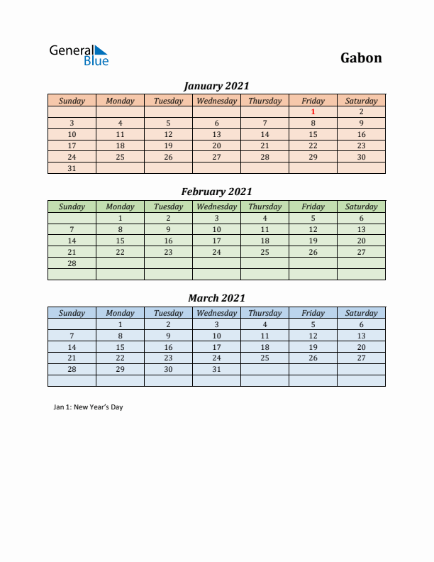 Q1 2021 Holiday Calendar - Gabon