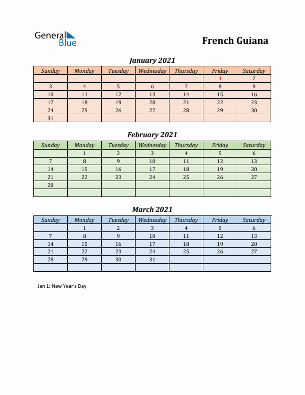 Q1 2021 Holiday Calendar - French Guiana