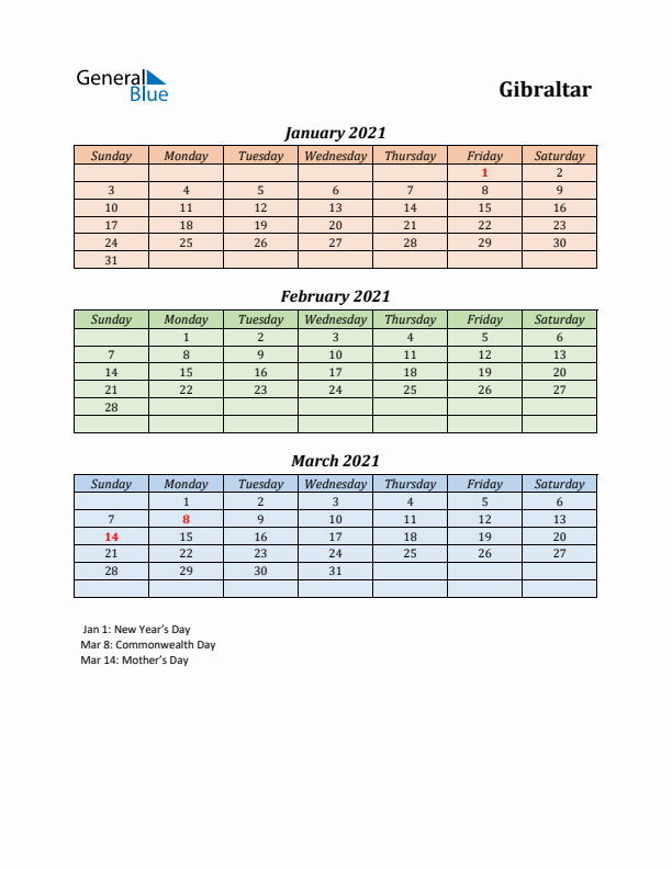 Q1 2021 Holiday Calendar - Gibraltar