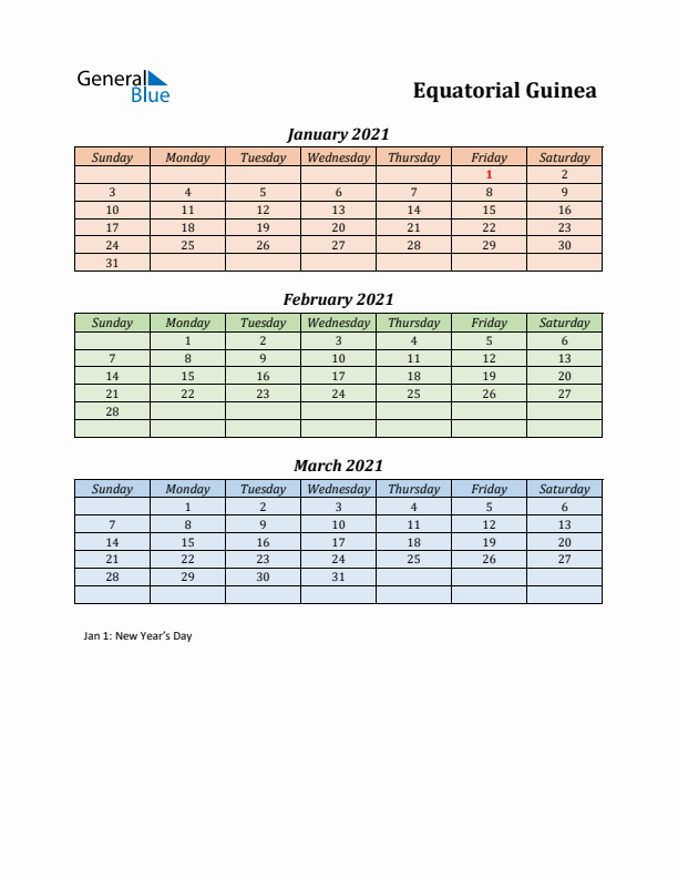 Q1 2021 Holiday Calendar - Equatorial Guinea