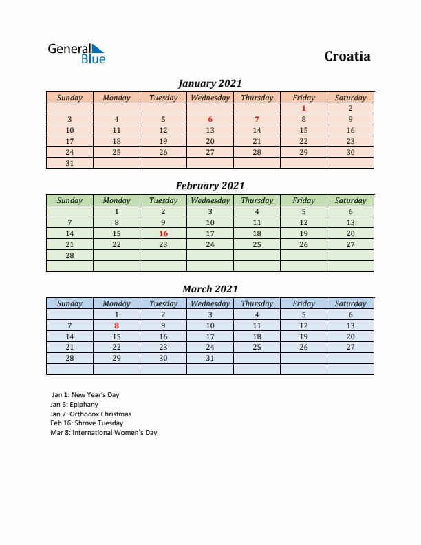 Q1 2021 Holiday Calendar - Croatia