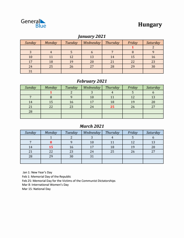 Q1 2021 Holiday Calendar - Hungary