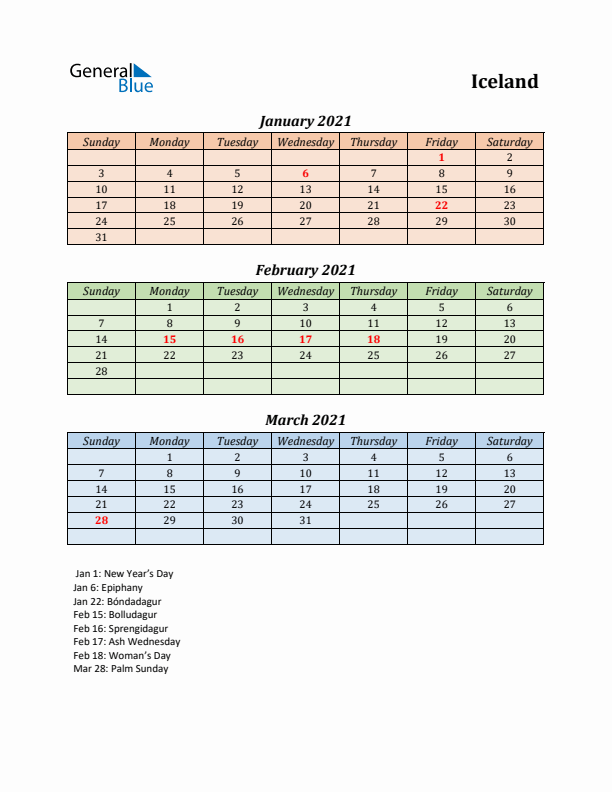 Q1 2021 Holiday Calendar - Iceland