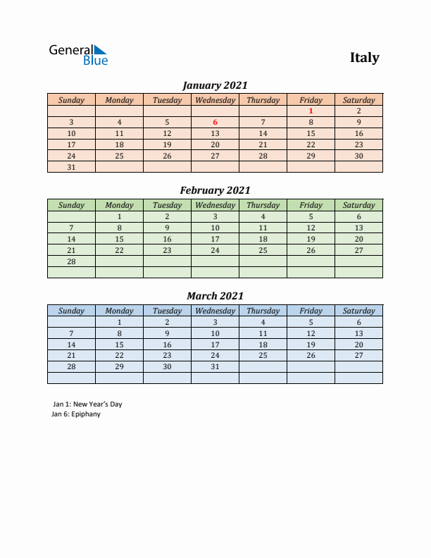 Q1 2021 Holiday Calendar - Italy