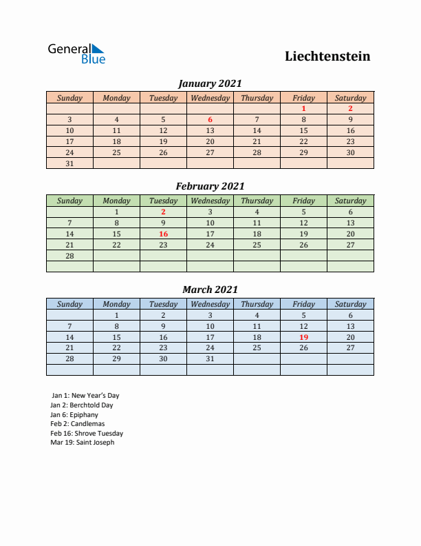 Q1 2021 Holiday Calendar - Liechtenstein