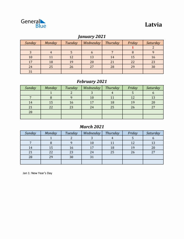 Q1 2021 Holiday Calendar - Latvia