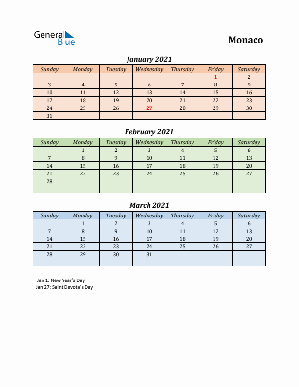 Q1 2021 Holiday Calendar - Monaco