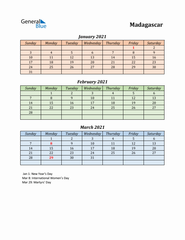 Q1 2021 Holiday Calendar - Madagascar