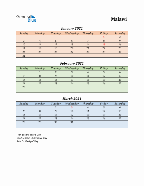 Q1 2021 Holiday Calendar - Malawi