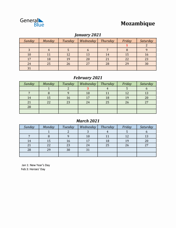 Q1 2021 Holiday Calendar - Mozambique