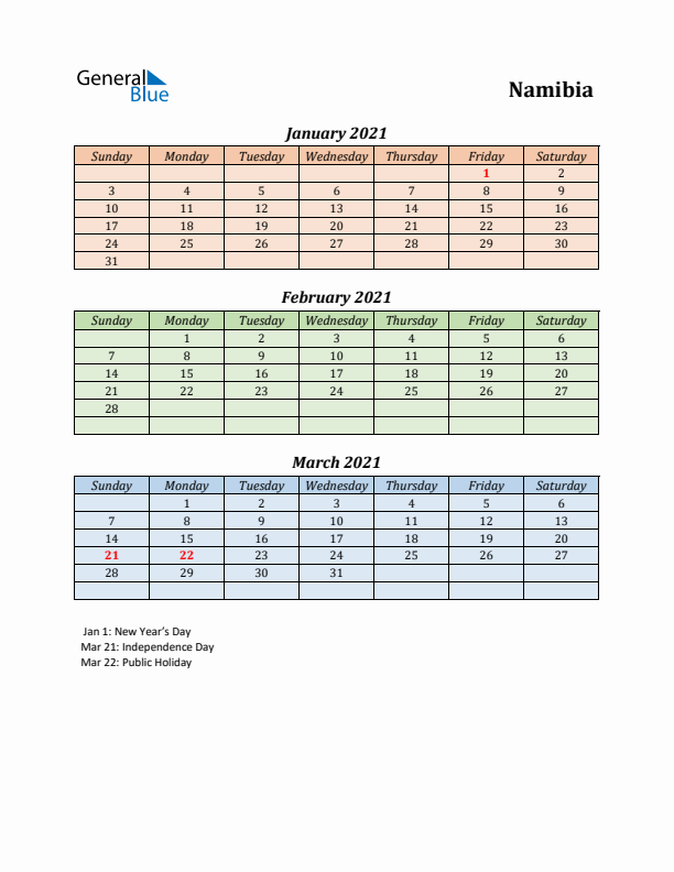 Q1 2021 Holiday Calendar - Namibia