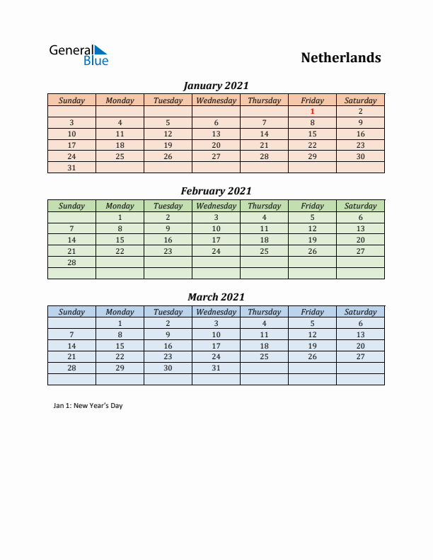 Q1 2021 Holiday Calendar - The Netherlands