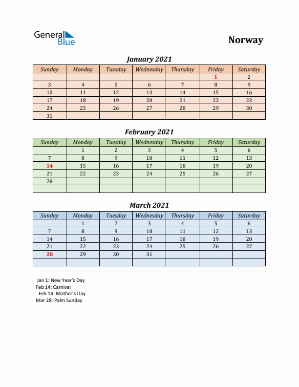 Q1 2021 Holiday Calendar - Norway