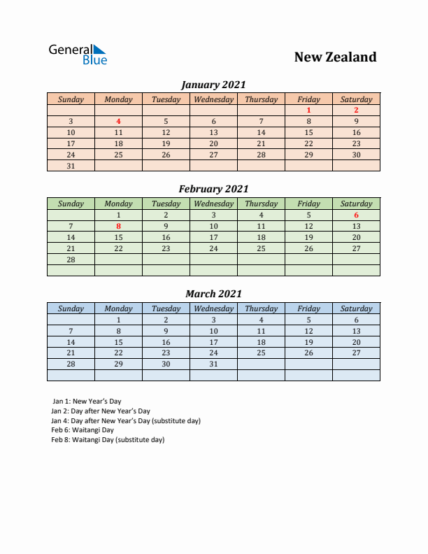 Q1 2021 Holiday Calendar - New Zealand