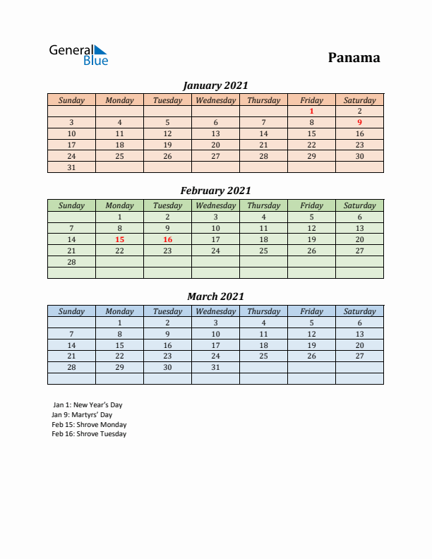 Q1 2021 Holiday Calendar - Panama