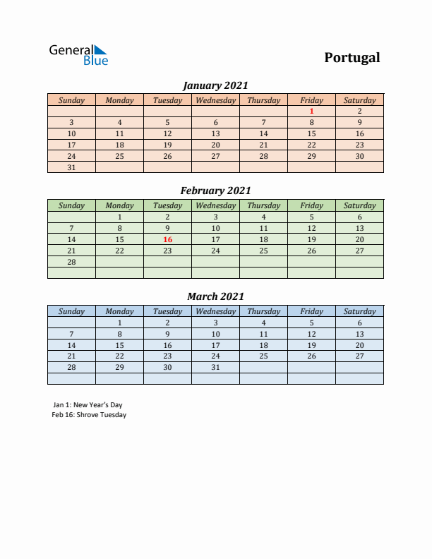 Q1 2021 Holiday Calendar - Portugal