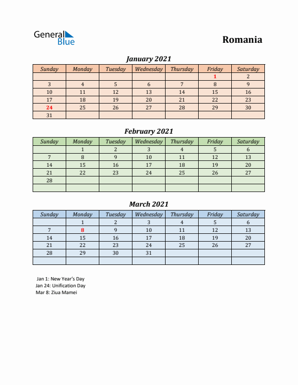 Q1 2021 Holiday Calendar - Romania