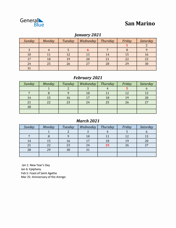 Q1 2021 Holiday Calendar - San Marino