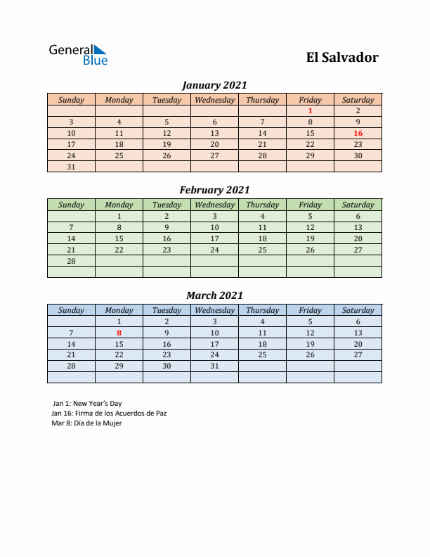 Q1 2021 Holiday Calendar - El Salvador