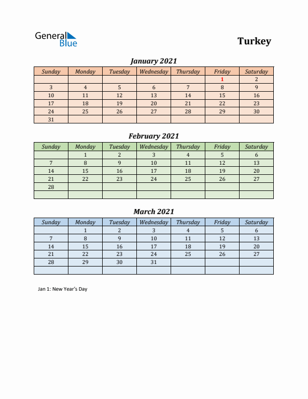 Q1 2021 Holiday Calendar - Turkey