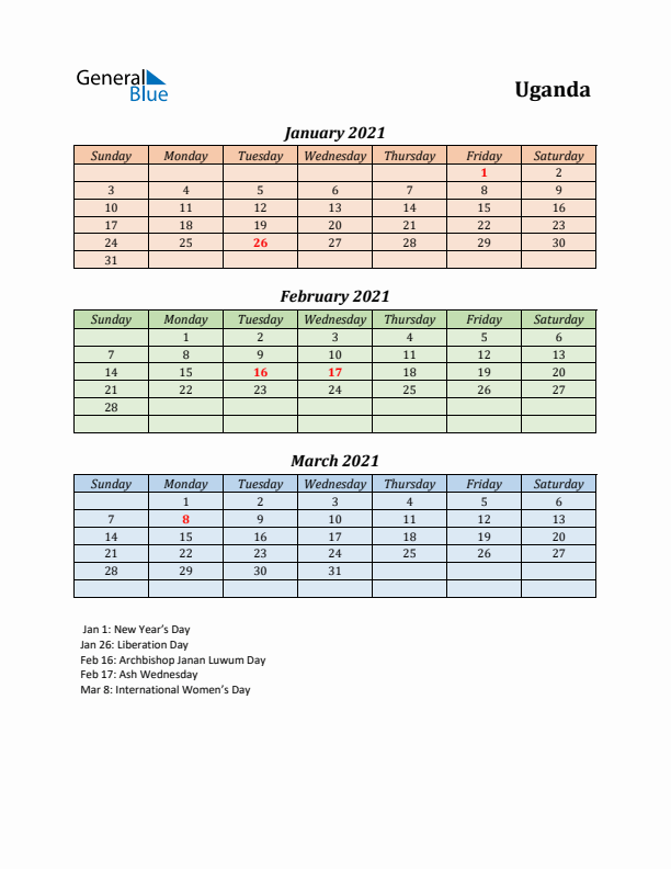 Q1 2021 Holiday Calendar - Uganda