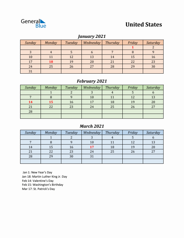 Q1 2021 Holiday Calendar - United States