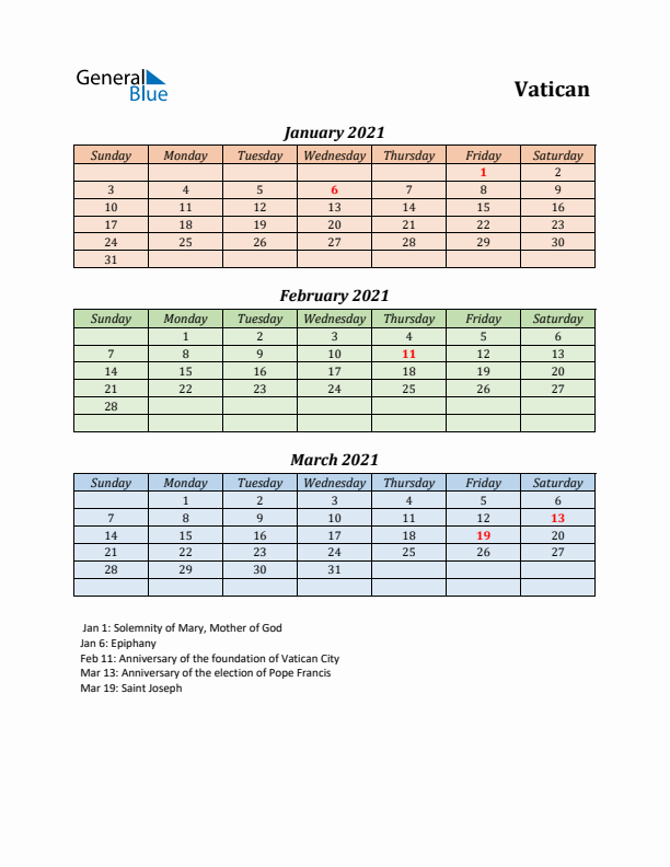 Q1 2021 Holiday Calendar - Vatican