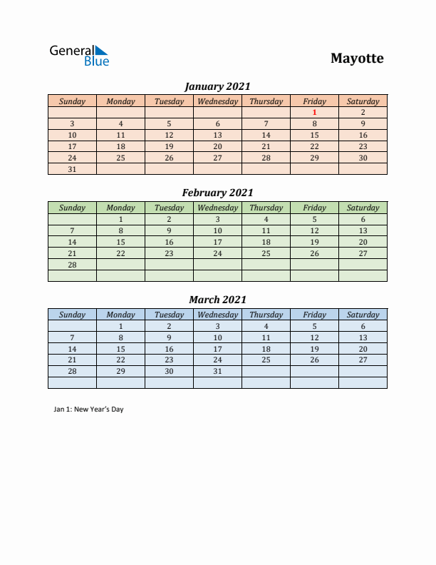 Q1 2021 Holiday Calendar - Mayotte