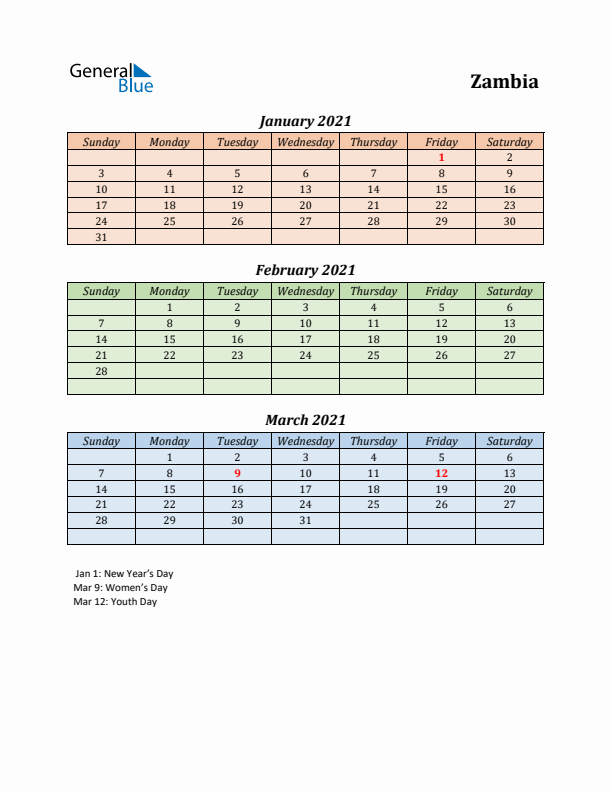 Q1 2021 Holiday Calendar - Zambia