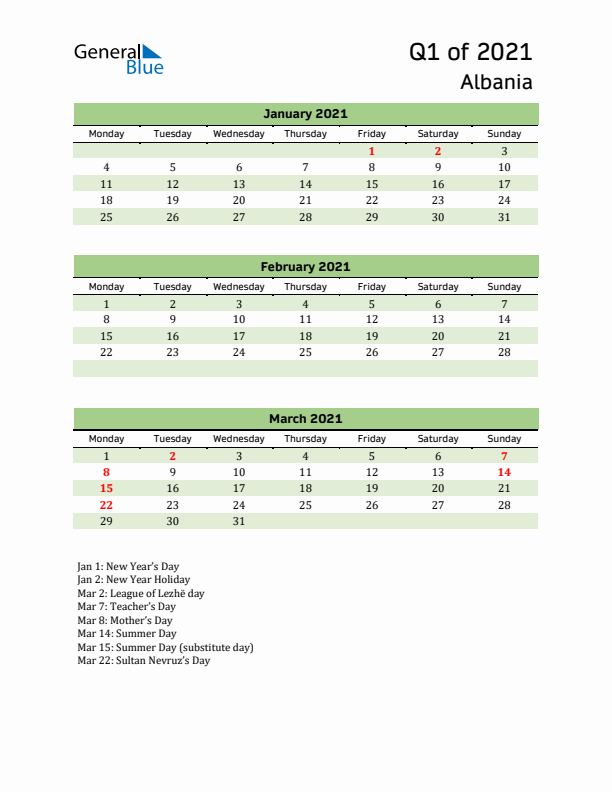 Quarterly Calendar 2021 with Albania Holidays