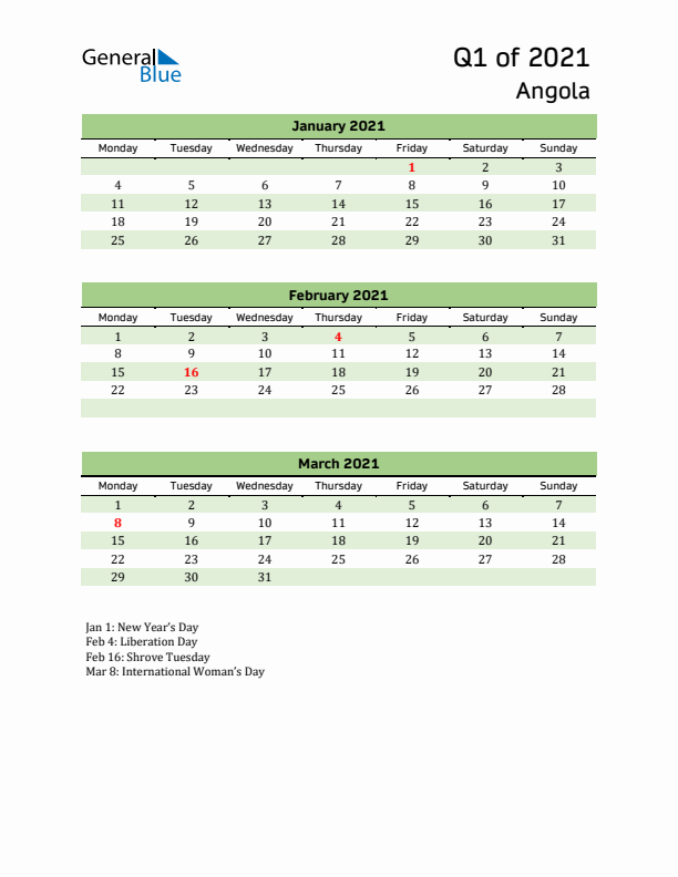 Quarterly Calendar 2021 with Angola Holidays