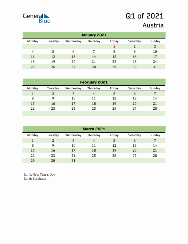 Quarterly Calendar 2021 with Austria Holidays