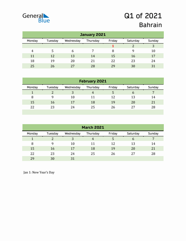 Quarterly Calendar 2021 with Bahrain Holidays