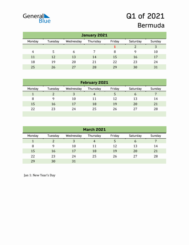 Quarterly Calendar 2021 with Bermuda Holidays