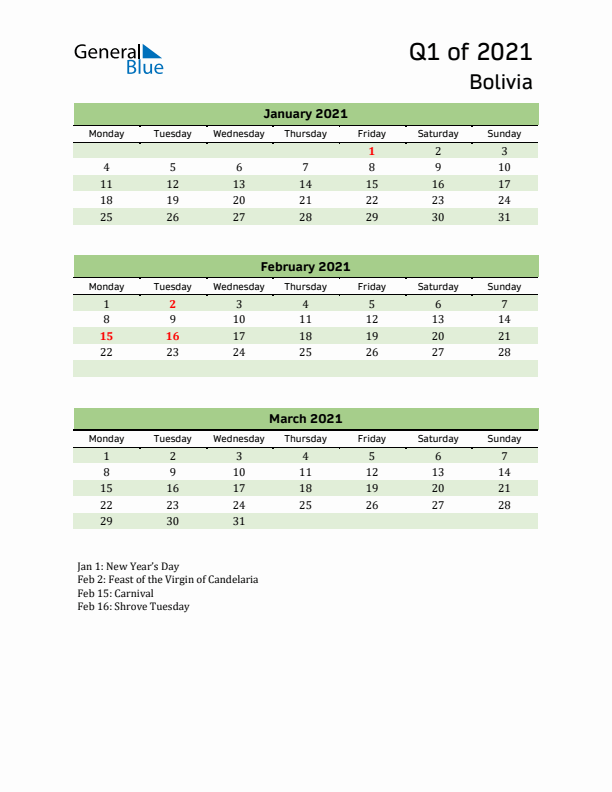 Quarterly Calendar 2021 with Bolivia Holidays