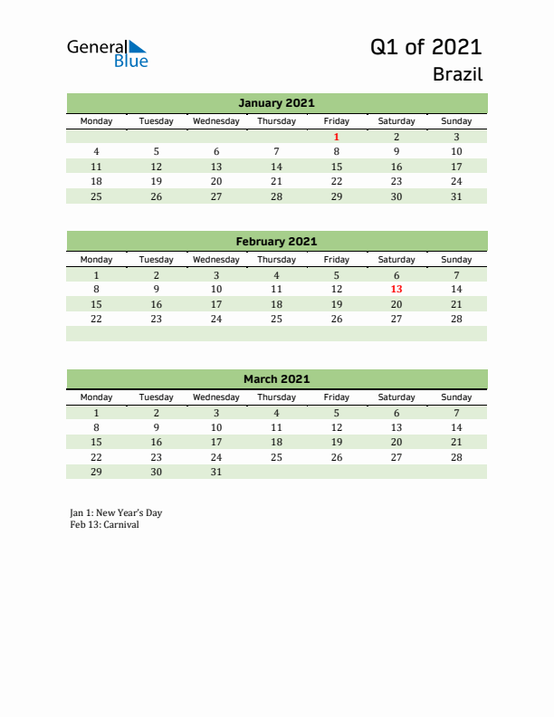 Quarterly Calendar 2021 with Brazil Holidays