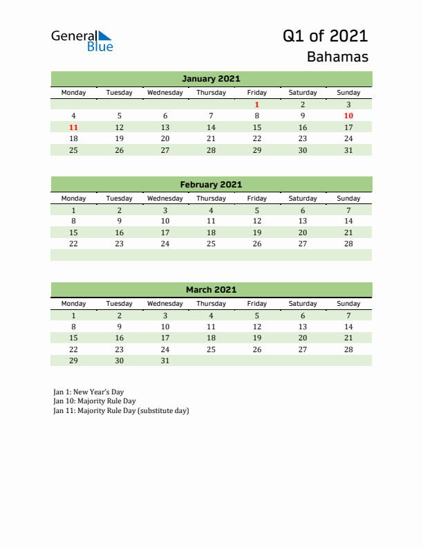 Quarterly Calendar 2021 with Bahamas Holidays