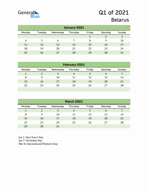 Quarterly Calendar 2021 with Belarus Holidays