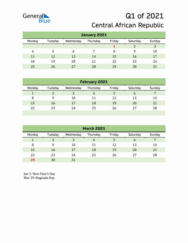 Quarterly Calendar 2021 with Central African Republic Holidays