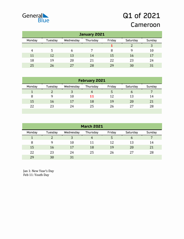 Quarterly Calendar 2021 with Cameroon Holidays